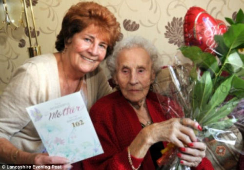 考威尔(右)的女儿前来为其庆祝102岁生日。