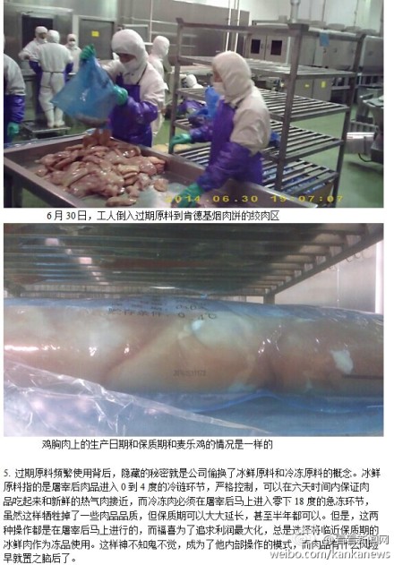 曝麦当劳、肯德基等洋快餐供应商食品安全黑幕 图据上海广播电视台电视新闻中心官方微博