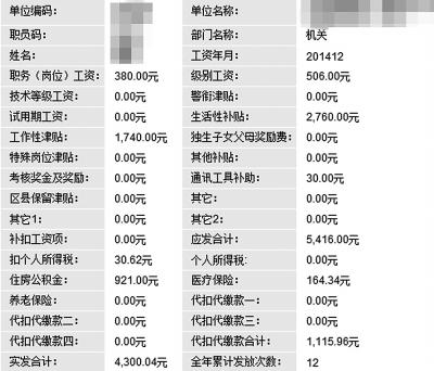 调整前，北京一个基层公务员2014年12月的工资薪金构成。