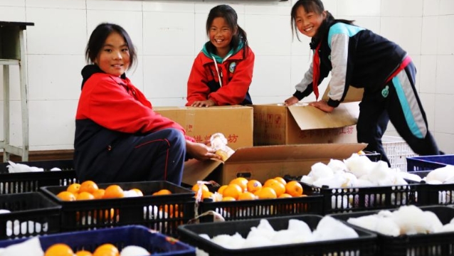 德钦县第一小学的孩子们正在领取营养餐