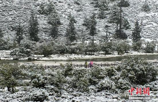 9月20日，受冷空气影响，四川甘孜州稻城亚丁景区雪花飘舞，大雾弥漫，山峰披上白纱，银装素裹。正在景区内游玩的海内外游客纷纷用手机记录雪景，并拍照留念。钟欣 摄